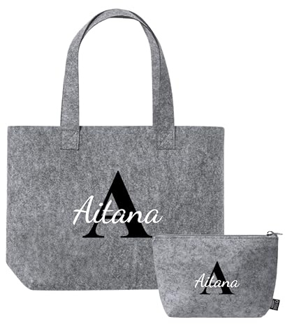 desiGntec Bolso Fieltro Gris Personalizable con Neceser | Set 2 Piezas Cremallera | Organizador Cosméticos Viaje | Asa Transporte | Neceser personalizado | Bolso personalizable