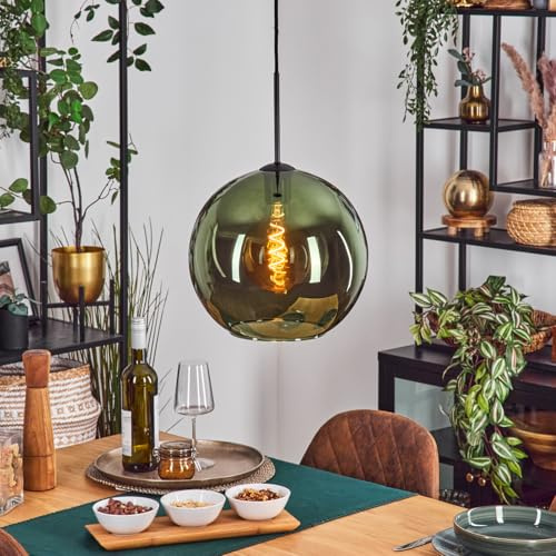 HOFSTEIN Hängeleuchte Koyoto, 1-flammige Hängelampe aus Metall/Glas in Schwarz/Grün, moderne Pendelleuchte im Retro/Vintage-Design (Schirm Ø 30 cm), E27, Esszimmer, Küche, Wohnzimmer
