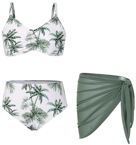 GRACE KARIN Costume da bagno per ragazze, set di 3 pezzi con top bikini, pantaloncini da bagno e sarong, per nuoto e sport acquatici, 10 anni