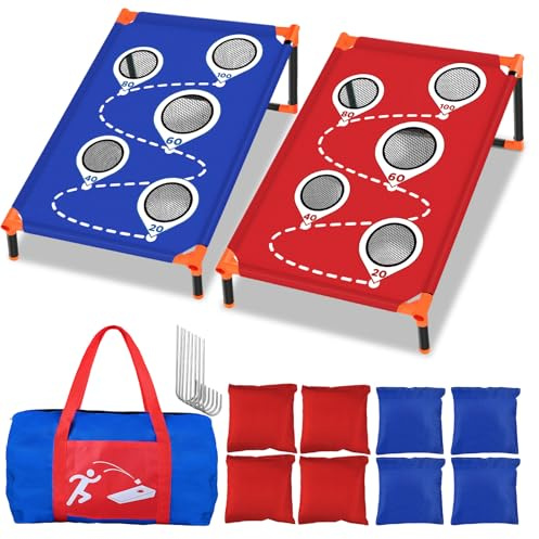 OBOVO Tragbar Cornhole Spiel Outdoor Cornhole Säckchen mit PVC gerahmt und fünf Löchern zum Punkten für Kinder/Erwachsene, Hinterhof, Rasen, Strand Spiele Camping Corn Hole Strandspiele