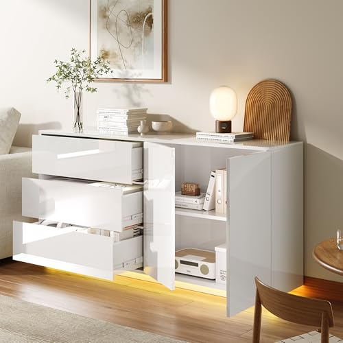 Buffet blanc brillant,Buffet Blanc Laqué 2 Portes 3 Tiroirs avec LED,Buffets Bas Meubles de Rangement Commode Basse avec Tiroir pour Cuisine Couloir Salon Entrée(2 portes, 3 tiroirs-1, Blanc-B)