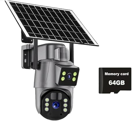 BINGNU Caméras de sécurité, Caméra de Surveillance extérieure sans Fil 4G/WiFi 6 MP avec Panneau Solaire et Double Objectif PTZ IP pour la Maison(4G Camera 64GB Card)