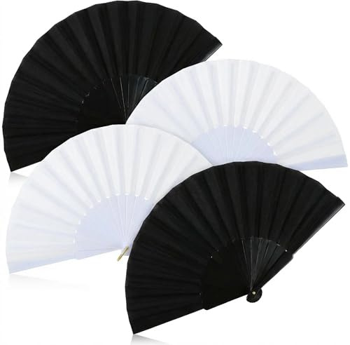 4Pcs Hand Fan Folding Fabric Hand Held Fans Rave Fan Black White Handheld Fan Folding Manual Folding Fan Spanish Fanfor Women Line Dance Cosplay Props Wedding Summer Festival Party Decor Gifts