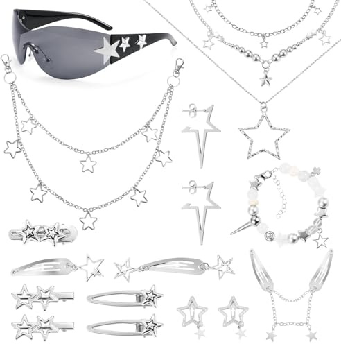 Tazuxetuqe Accessoires Y2K, ensemble Y2K 17 pièces, lunettes de soleil Y2K, collier étoile, boucles d'oreilles, barrettes, bracelet, set de bijoux vintage avec chaîne de pantalon style hip-hop pour