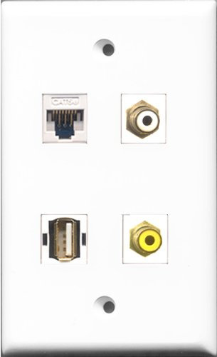 RiteAV 1 Port RCA White and 1 Port RCA Yellow and 1 Port USB A-A and 1 Port Cat5e Ethernet White Wall Plate Color Blanco Adaptador de Cable