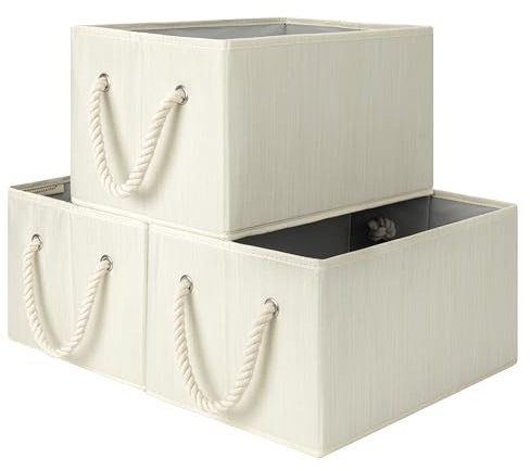 StorageWorks Large Storage Boxes for Organising, Foldable Storage Baskets for Shelves, Fabric Storage Boxes with Handles, Decorative Shelf Baskets, Beige, White & Ivory, 3-Pack