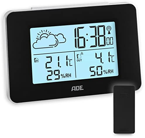 ADE Digitale Wetterstation Funk mit Außensensor | Innen und Außentemperatur | Luftfeuchtigkeitsmesser | animierte Wettervorhersage | Funkwecker mit Schlummerfunktion | schwarz
