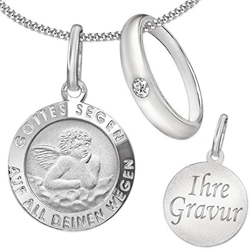 CLEVER SCHMUCK Set mit Gravur: Silberner Anhänger Engel Ø 12 mm Voderseite Gottes Segen... Rückseite mit Ihrer Gravur sowie wählbarer Kette und Taufring STERLING SILBER 925