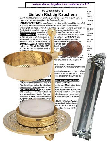 Naturheilmittel Heilsteine Methusalem GmbH Neu-Ulm Räucherstövchen Messing Weihrauchbrenner 7-Tlg RÄUCHERSET mit Räuchergefäß + 10 x Räucherkohle + Zubehör + Anleitung + Räucherlexikon. 82020-M