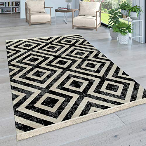Paco Home Moderner Outdoor Teppich Geometrisches Rauten-Muster im Vintage-Look Flachgewebe Wetterfest & Pflegeleicht für Garten, Terrasse & Balkon, Grösse:240x340 cm, Farbe:Schwarz Weiß