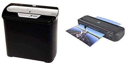 Genie 255 CD Aktenvernichter, bis zu 7 Blatt, Streifenschnitt, Schwarz/Silber & Pavo 8038718 Premium Florida Laminiergerät für Inklusiv 5-teiligem Laminierfolienset - TÜV/GS Zertifiziert, A4
