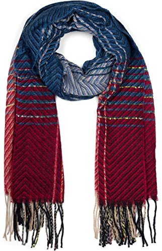 styleBREAKER Donna Sciarpa a maglia fine con motivo a strisce colorate a Zig-Zag e frange, stola invernale calda multicolore 01017149, colore:Blu-Bordeaux-Rosso