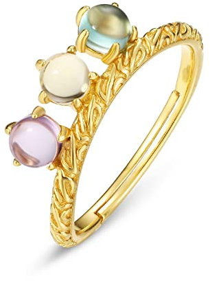 WLLDDDIU Ring Schmuck,Ring Aus 925Er Sterlingsilber, Retro, Einfach Vergoldet, Grüner Kristall, Amethyst Und Citrin, Offene, Verstellbare Ringe, Schmuckgeschenke Für Jungen, Mädchen, Männer, Fra