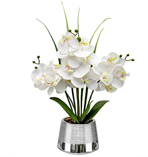40CM Orchidee Künstlich Weiss, Orchideen im Topf Silber, Kunstorchideen, Faux Orchideen Pflanze mit 14 Blüten, Künstliche Orchidee Bonsai für Hochzeits Deko Wohnzimmer Schlafzimmer Zimmerpflanzen