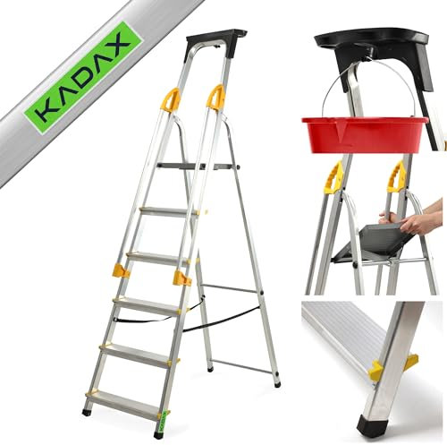 KADAX Scala Portatile in Alluminio, Scaletta Pieghevole con Gradini Antiscivolo e Corrimani Laterali, Portata Fino a 150 kg, Certificata EN 131 (6 Gradini)