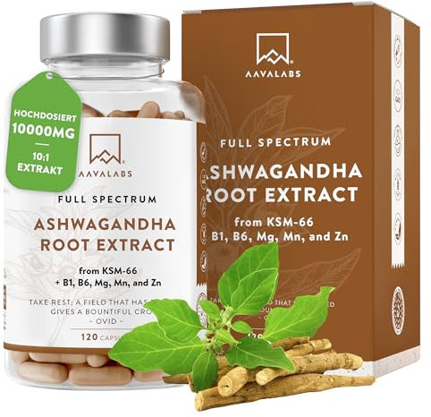 Ashwagandha KSM-66 1000mg (Proporción de Extracto 10:1 Equivalente a 10,000mg por Porción) - 5% de Withanólidos - Ashwagandha Organica con Magnesio, Manganeso, Zinc y Vitamina B6, B1-120 Capsulas