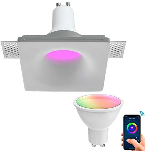 Planetitaly Faretto moderno SMART gesso LED GU10 WiFi incasso quadrato scomparsa luce colorata cromoterapia soffitto RGB CCT controllo vocale 12x12cm 230V