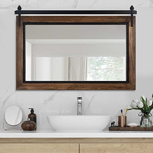 YOSHOOT Farmhouse Barn Door Mirror, 40x26 Rustic Bathroom Mirrors, Wood Frame Wall Mounted-Mirror, for Living Room Bedroom Entryway Wall Décor, Horizontal Hanging ONLY
