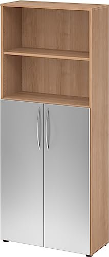 bümö Mehrzweckschrank 80cm breit, Aktenschrank o. Schuhschrank hoch, Regal Schrank-Kombi, Küchenschrank in Nussbaum/Silber aus Holz, Vorratsschrank & Haushaltsschrank mit Metallgriffen