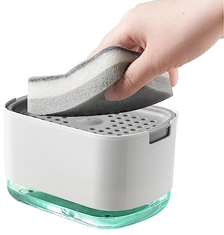 GUSTO Seifenspender mit Kunststoffpumpe, 310 ml, eleganter Spülmittelspender mit Schwammhalter für Küchenspüle, inklusive Schwamm (Modern White)