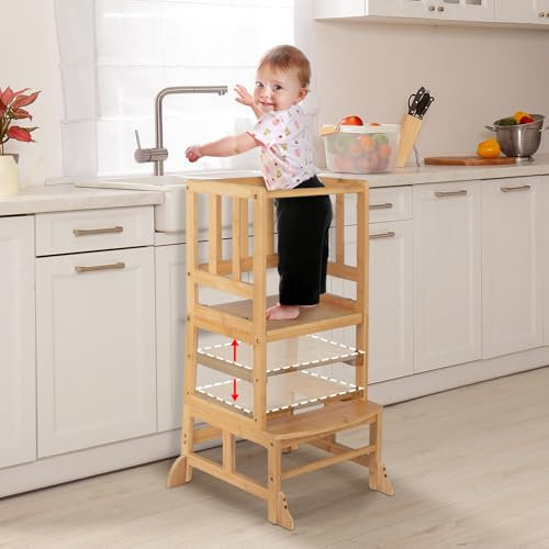 COSYLAND Lernturm ab 1 Jahr, Höhenverstellbar, Stylisch Kippschutz Lernturm ab 2 Jahre, Lernturm Montessori aus FSC Natürlicher Bambus, Little Helper Lernturm (Natural)