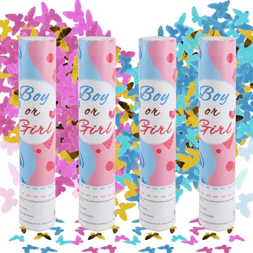 badaren Konfettikanone Gender Reveal, Gender Reveal Boy or Girl, Konfettikanone 2 blau und 2 rosa für Babypartys, Hochzeiten, Geburtstage und Karneval, 28 cm (Schmetterling)