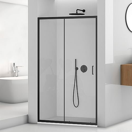 Porta doccia per nicchia 120 cm nero opaco con vetro trasparente H 195 cm, anta scorrevole con installazione reversibile, Tay