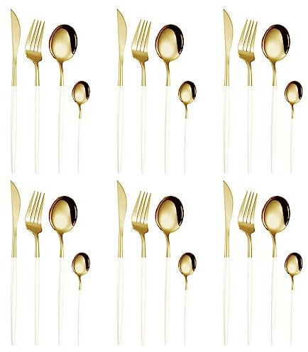 Surakey Service Couverts de Table 6 Personnes, 24PCS Set de Couverts en Acier Inoxydable 410 avec Couteau Fourchette Cuillère à Soupe Cuillères à thé, Passe au Lave-Vaisselle (Or Blanc)