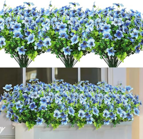 LOMOHOO 8 Bundles Artificial Flowers Outdoor UV Resistant Fake Flowers No Fade Faux Plants Garden Porch Window Box Decorating (Blue)