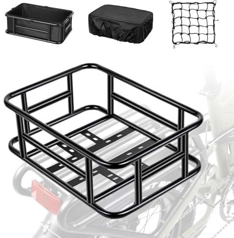 PIREKZUNT Bike Basket, 18X13X6 Ebike Rear Basket with Liner,Waterproof Cover,Cargo Net Large Rear Removable Metal Bike Basket, Heavy Duty E Bike Rear Basket