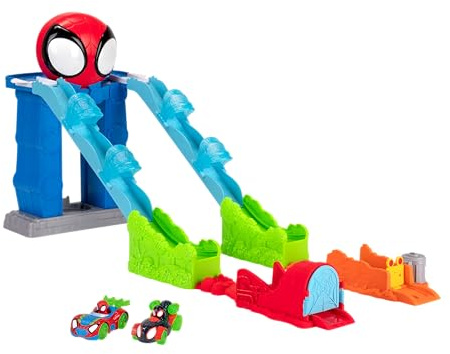 SPIDEY AND HIS AMAZING FRIENDS Spidey's Mega Jump HQ Track - Pista doppia da 99 pollici con ascensore, centro di controllo, tunnel Web e due esclusivi veicoli in metallo incredibili