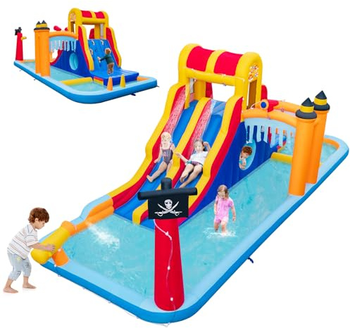 GOPLUS 6 en 1 Château Gonflable Enfants, 2 Toboggans, Mur d'escalade, Canon à Eau, Pataugeoires, Grottes, Piquets, Sac de Transport, Charge 90KG oour 3 Enfants 3-10 Ans