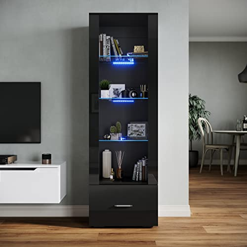 SONNI Glasvitrine mit Led 4 Einlegeböden 1 Schublade 55x35x172cm Schwarz | Wohnzimmer Vitrine Hochglanzfront, Standvitrine, Vitrinenschrank, Sammlervitrine für Wohnzimmer, Esszimmer, Schlafzimmer