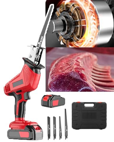 WhAeoy Scie Sabre Électrique, Interrupteur De Protection + Vitesse Infiniment Variable, Mandrin Autobloquant/avec 4 Scies, Course Alternative : 15 Mm, pour Restaurant, Boucherie,Battery*1