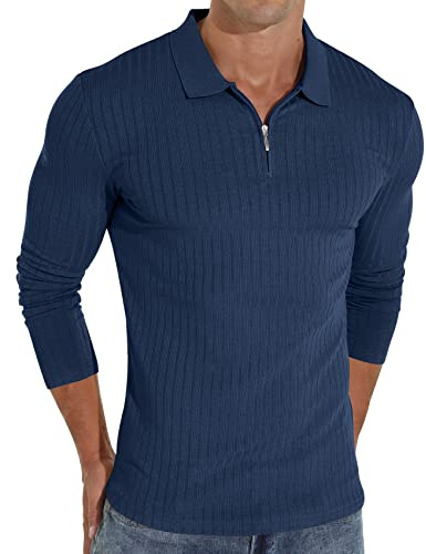 Sailwind Zipper Polo Shirts for Men Long Sleeve Slim Fit Shirts Casual Stretch Ribbed Knit Zip Shirt (Blue, M)