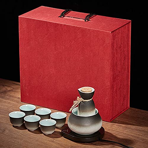 BOSHYUM Set per Sake con scaldavivande, Tradizionale Set Caldo da 9 Pezzi, Incluso 1 fornello a Candela, 1 Tazza riscaldante, 1 pentola per Sake, 6 Tazze per Sake, scaldavivande Elettrico