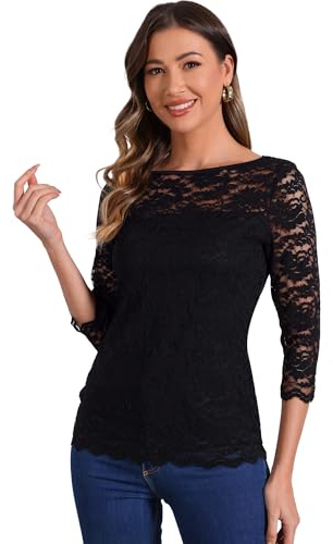 Allegra K Top Donna in Pizzo Floreale con Maniche 3/4 e Scollo Rotondo Nero XL