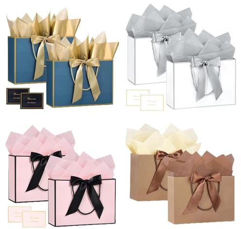 4 Stück Geschenktüten Groß - Geschenktasche mit Schleifen Papiertüten - mit Henkel Geschenke Tüten Gift Bag Geschenktüte - für Hochzeit Muttertag Taufe Geburtstag (1 Pack)