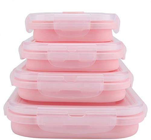 Scatole Lunc Set da 4 Pezzi Scatola Lunc in Silicone per Uso Alimentare Contenitore Pieghevole Ecologico per Alimenti Bento Box Pieghevole Portatile per microonde