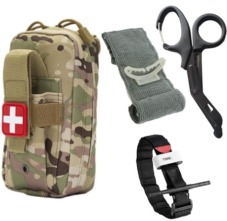 Trousse de Secours Tactique IFAK Militaire complète CAMOUFLAGE Inclus Pansement compressif israélien/Garrot Tourniquet/idéal pour randonnée Bricolage Airsoft...