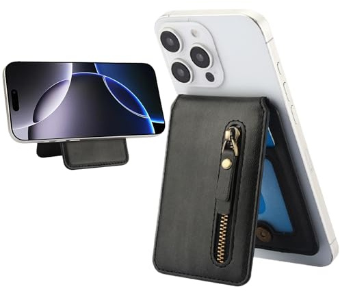 Fofvccv Phone Magnetic Wallet for MagSafe Black | Foldable Flip PU Leather Stick on Magnetic Wallet Kickstand with Card Holder Zipper for iPhone 17/16/15/14/13/12 Series