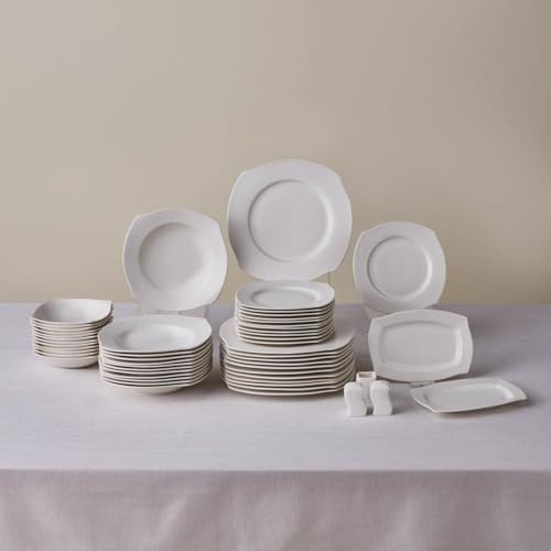 Karaca Square Bone Fancy 53-teiliges Geschirrset für 12 Personen, Elegante quadratische Teller Set, Elegantes Porzellan-Geschirr, Weiß
