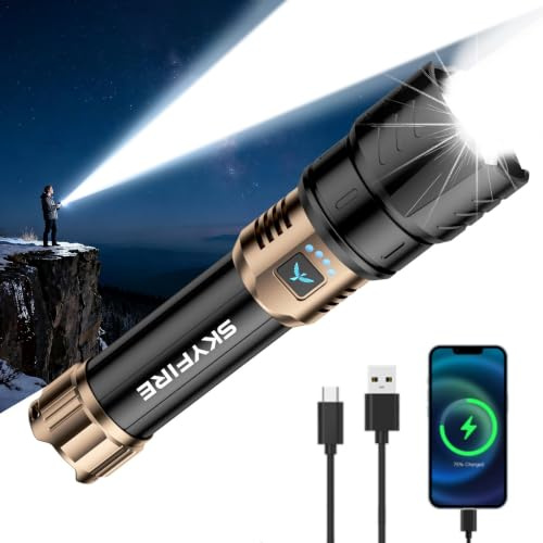 SKYFIRE Rechargeable Flashlights High Lumens,10000mAh Super Bright Flashlight Zoomable 4Modes Waterproof LED Tactical Flash Light for Camping Essentials,Outdoor and Home Emergencies