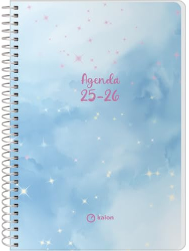 Q Kalon - Skolkalender 2025 2026 - Vecka per uppslag, Storlek A5 (15x21 cm), Spanska och Engelska, September till Juni, Spiralbindning, Mjukt omslag med plastskydd - Sky