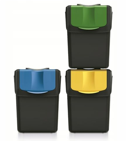 Sorting Waste Bin Recycling Dustbin 20L Black White Grey Stackable Set of 3 Bins for Home Office School (Black, 3x20L)