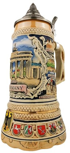 EVERSTYLE Chope à bière avec couvercle 0,7 l - Chope en pierre de l'Allemagne avec fond XL - Porte de Brandebourg sur le devant - Cadeau pour homme, père et anniversaire - Idéal pour la maison et la