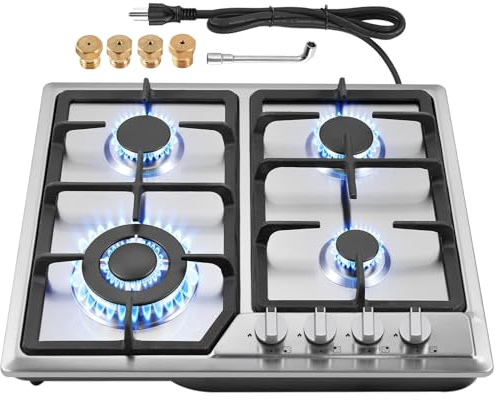 Alemania 24 Inch Built-in Gas Stove with 4 Burners, Stainless Steel Cooktop with Cast Iron Racks, NG/LPG Compatible Hob for Modern Kitchen