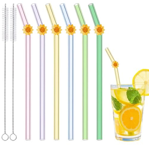 Lot de 6 pailles en verre avec 2 brosses de nettoyage, jolies pailles colorées en verre tournesol, résistantes aux chocs, réutilisables pour les amateurs de café, de jus et de tournesol