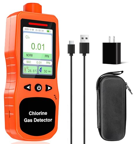 ZYKYCX Chlorine Gas Detector | 0.01PPM Resolution & Range 0-20PPM | Rechargeable with Temp/Humidity Tester | Portable Cl2 Monitor with 3 Alarm Modes | Chlorine Air Quality Meter