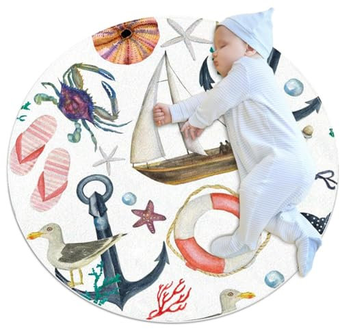 VAPOKF Kleine Teppiche, Badezimmerteppich, Anker, Rettungsring, Dohle, Vogel, Boot, rutschfester Überwurfteppich, Fußmatte, für Sofa, Schlafzimmer, Kinderzimmer, Dekoration, rund, 1 m Durchmesser